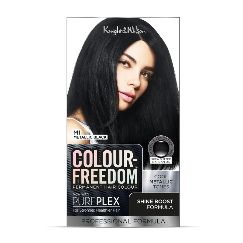 Colour Freedom Metallic Black Permanent Hair Dye with PurePlex. Ultra Glossy Conditioning Hair Colour. 100% grey coverage. By Knight & Wilson.