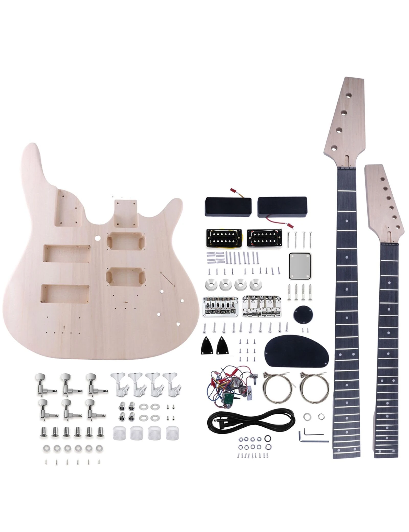 Fistrock DIY Electric Guitar and Bass Double Neck Kit 6 String and 4 String Guitar Kits Right Handed with Basswood Body Hard Maple Neck Chrome Hardware Build Your Own Bass and Guitar.