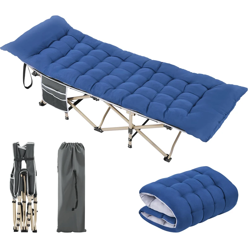Yaheetech Folding Camping Cot Portable Outdoor Bed for Adults w/Mat & Storage Bag & Carry Bag, Heavy Duty Cots for Outdoor Travel & Office/Home Nap Gray Cot/Blue Pad