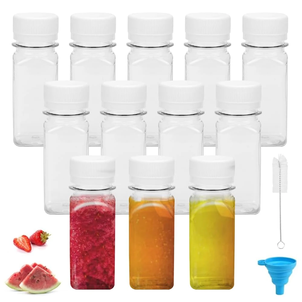 HEKOBAG 60ml Plastic Juice Bottles - 12 Pack Clear Reusable Containers with Lids for Smoothies, Drinks, Milk, Water - Includes Funnel & Brush - White