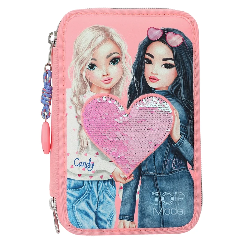 Depesche TOPModel 12950 Filled 3-Compartment Pencil Case in Pink, with Model Motif and Reversible Sequins, Pencil Case with Colouring Pencils, Ruler, Scissors and Much More