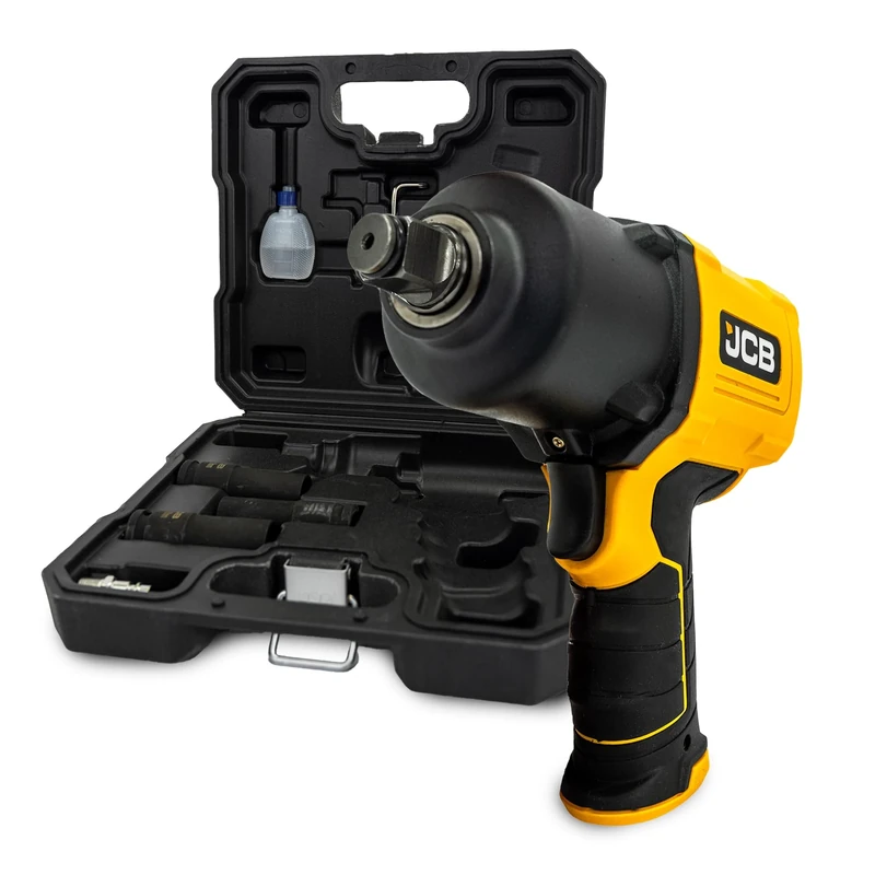 JCB ½” Air Impact Wrench Kit with Socket Set, 1450Nm Heavy-Duty Torque, 7000rpm, Includes 17/19/21mm Impact Wrench, Sockets & Carry Case