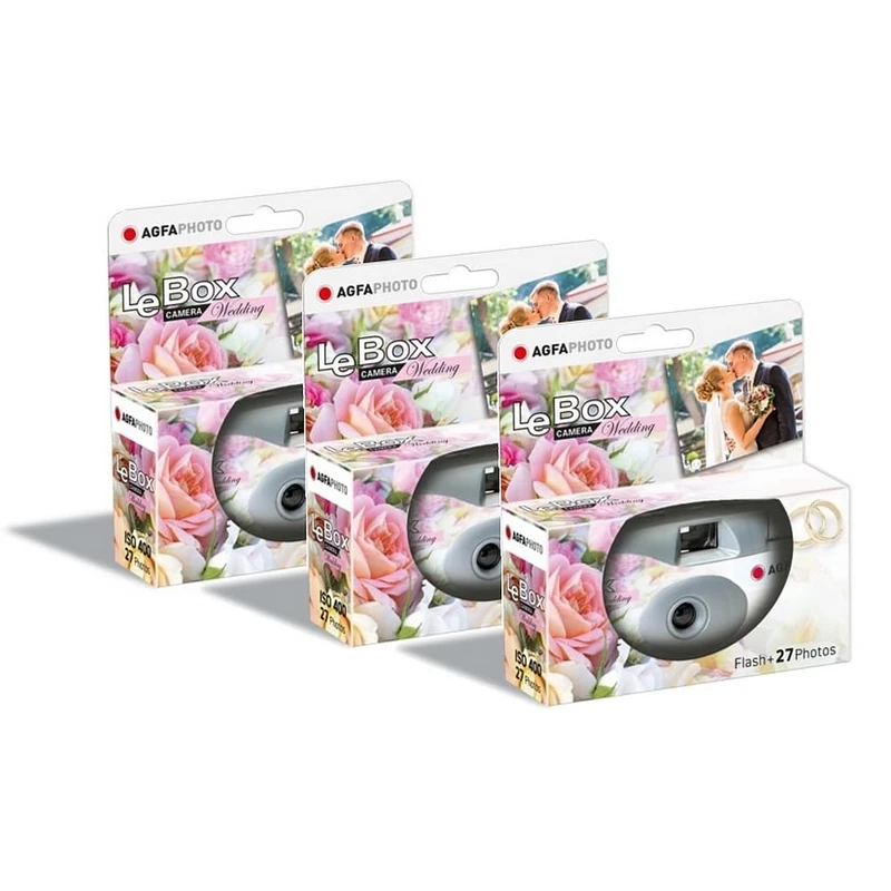 AGFA Photo Pack 3 x 601025 - Disposable Camera LeBox Wedding, 27 Photos, Optical Lens 31 mm - Grey