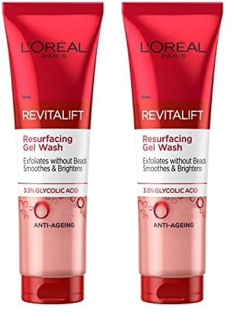 L'Oreal Paris 3.5% Glycolic Acid Cleanser, Revitalift Glycolic Resurfacing Gel Wash, Gently Exfoliates To Smooth & Brighten Skin – 150ml (Pack of 2)