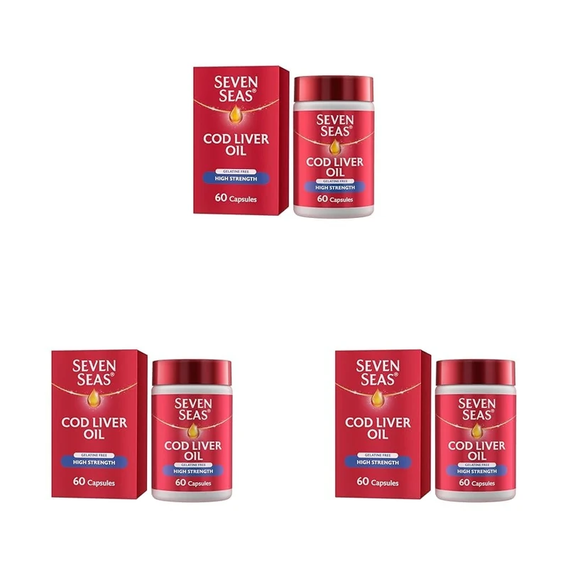 Seven Seas High Strength Cod Liver Oil Tablets with Omega-3, Fish Oil, Gelatine Free, 120 Capsules, EPA & DHA, Plus High Strength Vitamin D (Pack of 3)