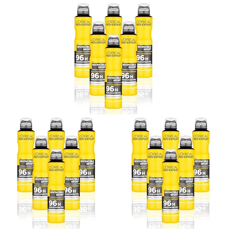 L'Oreal Men Expert Invincible Sport 96H Anti-Perspirant Deodorant for Men, 250 ml, Pack of 18, Bulk Buy