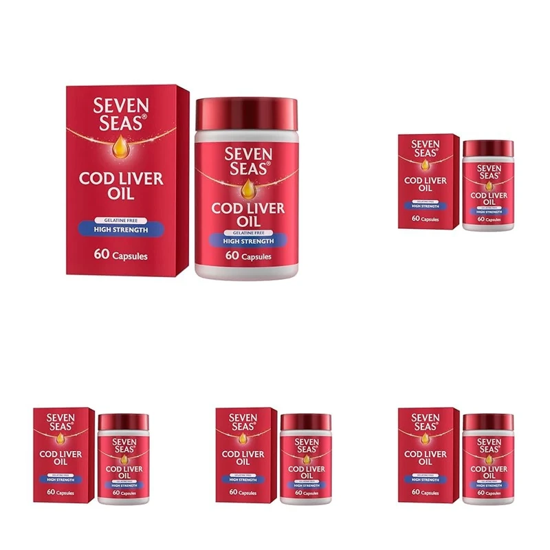Seven Seas High Strength Cod Liver Oil Tablets with Omega-3, Fish Oil, Gelatine Free, 120 Capsules, EPA & DHA, Plus High Strength Vitamin D (Pack of 5)