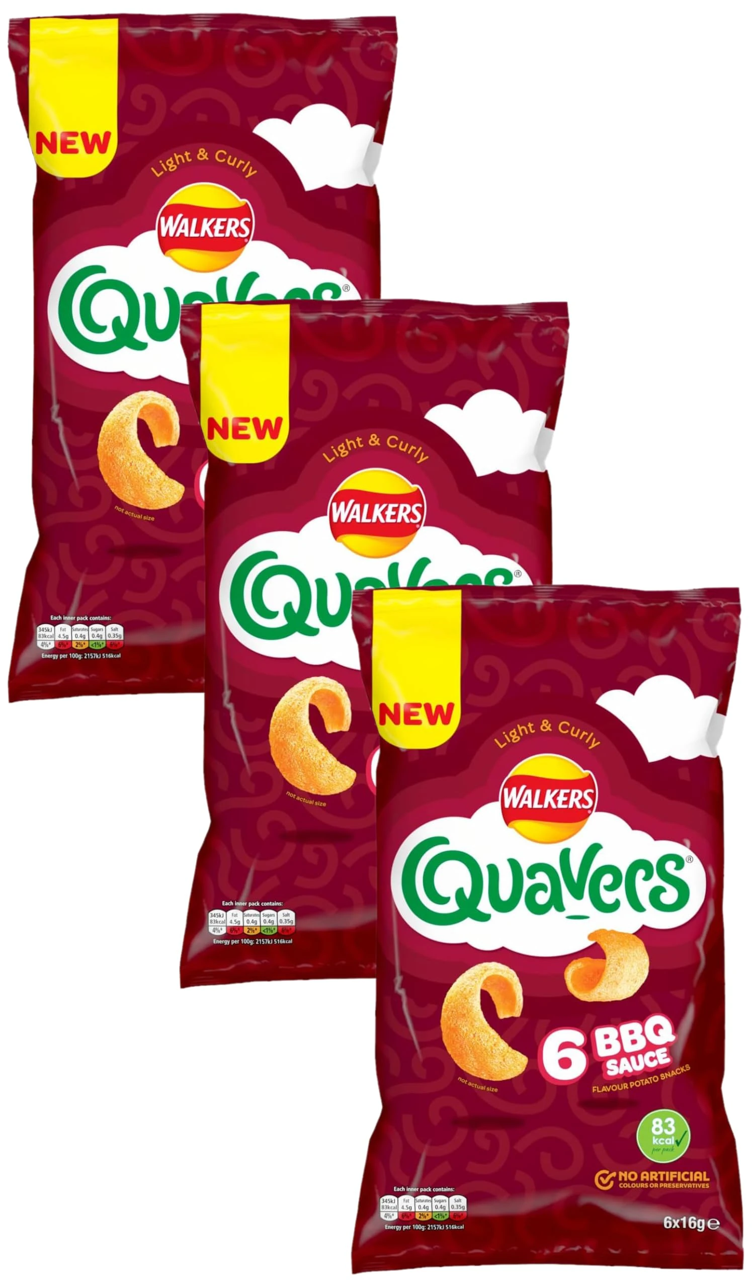 Walkers Quavers BBQ Multipack Snacks Crisps 6x16g (Pack of 3)