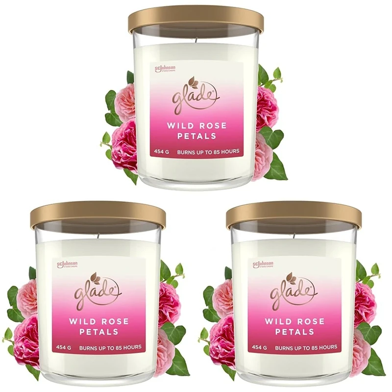 Glade Extra Large Scented Candle, Home Décor Jar Candle Infused with Essential Oils, 85 Hour Burn Time, Wild Rose Petals, 454g (Pack of 3)