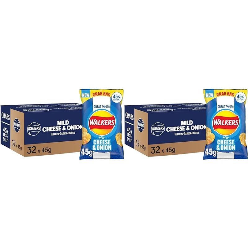 Walkers Less Salt Mild Cheese & Onion Crisps 45g (Case of 32) (Pack of 2)