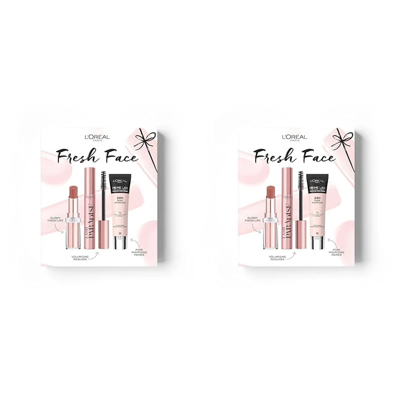 L'Oréal Paris Fresh Face Trio Gift Set – Prime Lab 24H Pore Minimiser Primer, Hydrating Balm-In-Lipstick In 191 Nude Heaven & Lash Paradise Mascara Enriched With Lash-Loving Castor Oil (Pack of 2)
