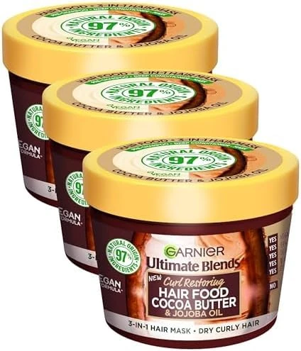 Garnier Hair Mask for Dry, Curly Hair | Cocoa Butter Hair Food by Garnier Ultimate Blends, 3-in-1: Pre Shampoo, Conditioner |97% Natural Origin | 100% Vegan Formula* 390 ml (Pack of 3)
