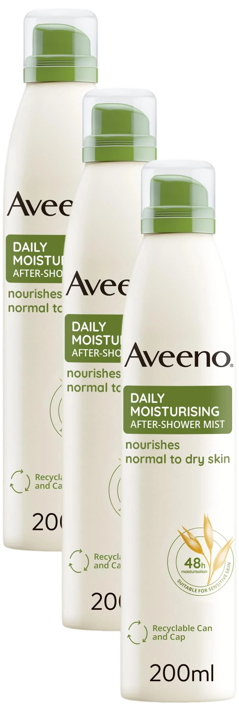 Aveeno Daily Moisturising After-Shower Mist, Formulated With Oats, Suitable For Sensitive Skin, Non-Greasy Fast Absorbing Spray, Locks In Moisture 48h, 200ml (Pack of 3)