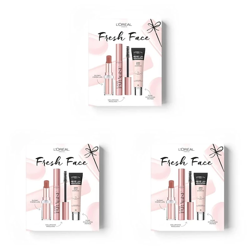 L'Oréal Paris Fresh Face Trio Gift Set – Prime Lab 24H Pore Minimiser Primer, Hydrating Balm-In-Lipstick In 191 Nude Heaven & Lash Paradise Mascara Enriched With Lash-Loving Castor Oil (Pack of 3)