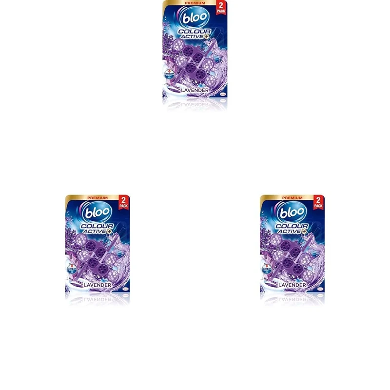 Bloo Colour Active Toilet Rim Block Lavender with Anti-Limescale, Cleaning Foam, Dirt Protection and Extra Freshness - 2 x Rimblocks, purple (Pack of 3)