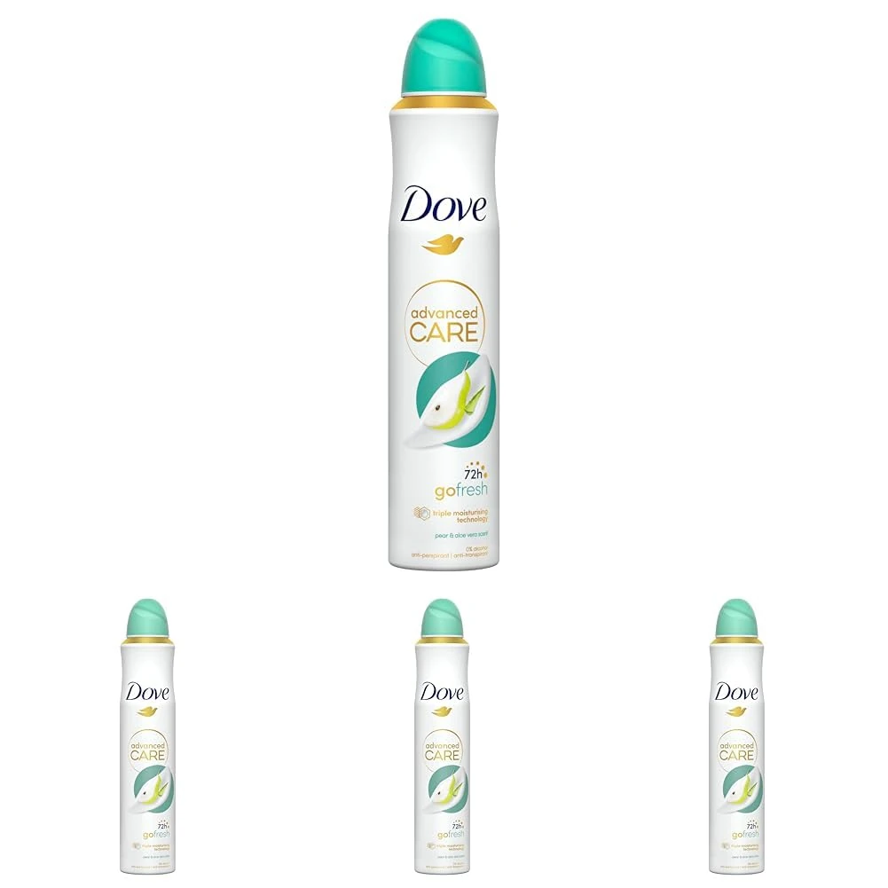 Dove Advanced Care Go Fresh Pear & Aloe Vera Scent Anti-perspirant Deodorant Spray with Triple Moisturising technology aerosol for 72 hours of protection 200 ml (Pack of 4)