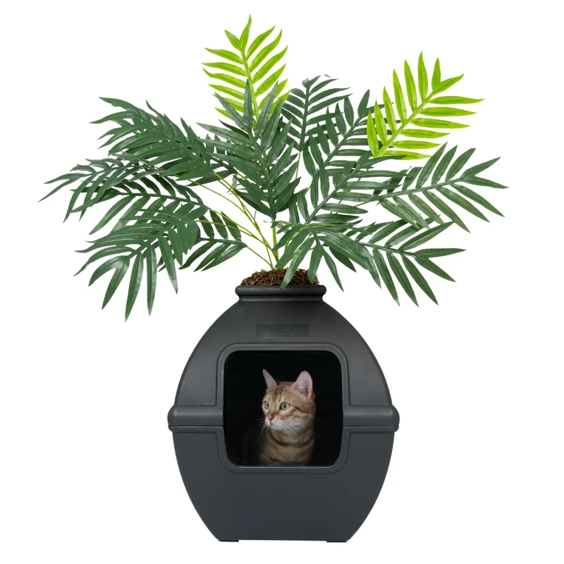 Good Pet Stuff Hidden Litter Box Base Kit, Square Enclosed Cat Planter Furniture with Fake Plant, Hooded Vented Carbon Filter System for Odor Control, Easy to Clean, Made in USA, Black Suede
