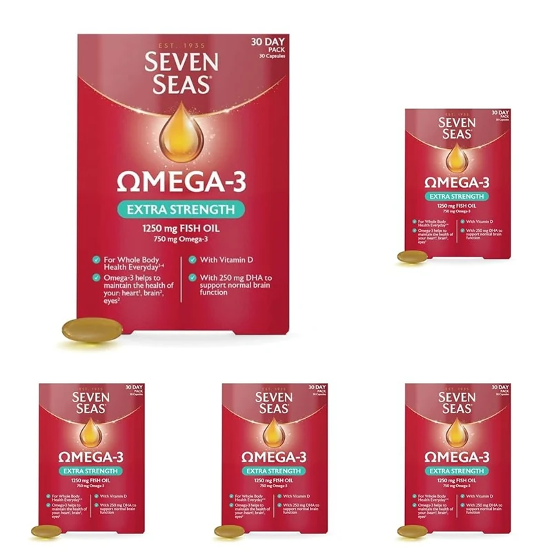 Seven Seas Omega-3 Fish Oil Extra Strength, One-A-Day, Vitamin D, 1250 mg Fish Oil, 750 Mg Omega-3 + 250 mg, 30 High Strength Tablets (Pack of 5)