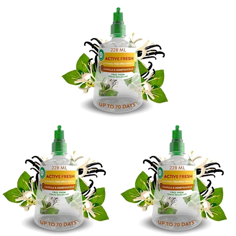 Air Wick Aerosol-Free Automatic Air Freshener Spray |Vanilla and Honeysuckle| Refills | 24x7 Active Fresh Odour Neutraliser | Lasts Up to 70 Days (Pack of 3)
