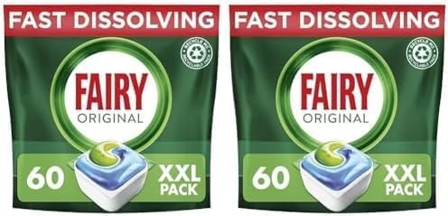Fairy All-In-1 Dishwasher Tablets, 60 Capsules, Original, Effective Even On Dried-On Grease (Pack of 2)