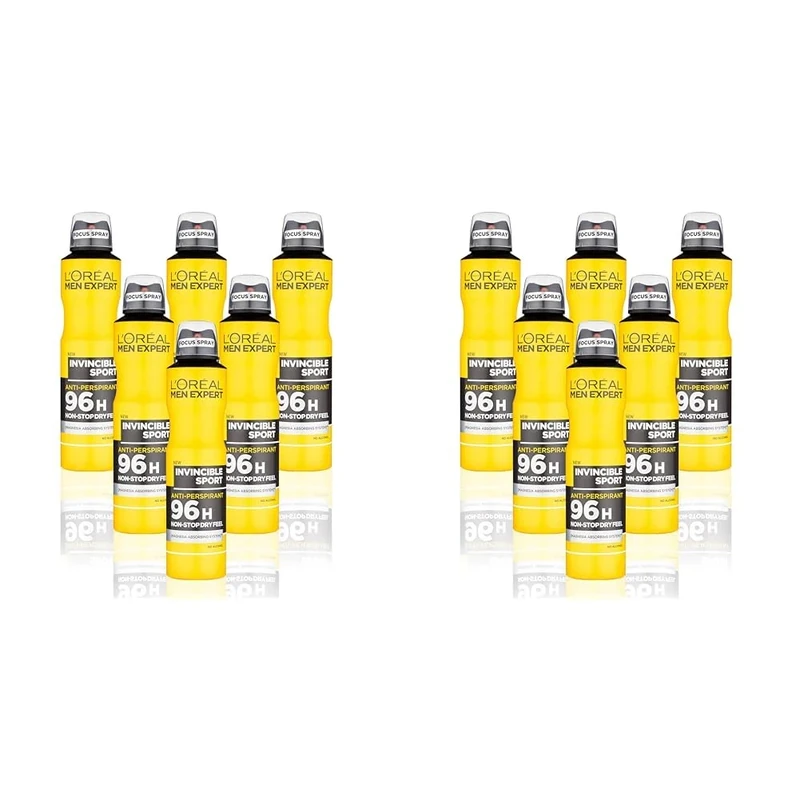 L'Oreal Men Expert Invincible Sport 96H Anti-Perspirant Deodorant for Men, 250 ml, Pack of 12, Bulk Buy