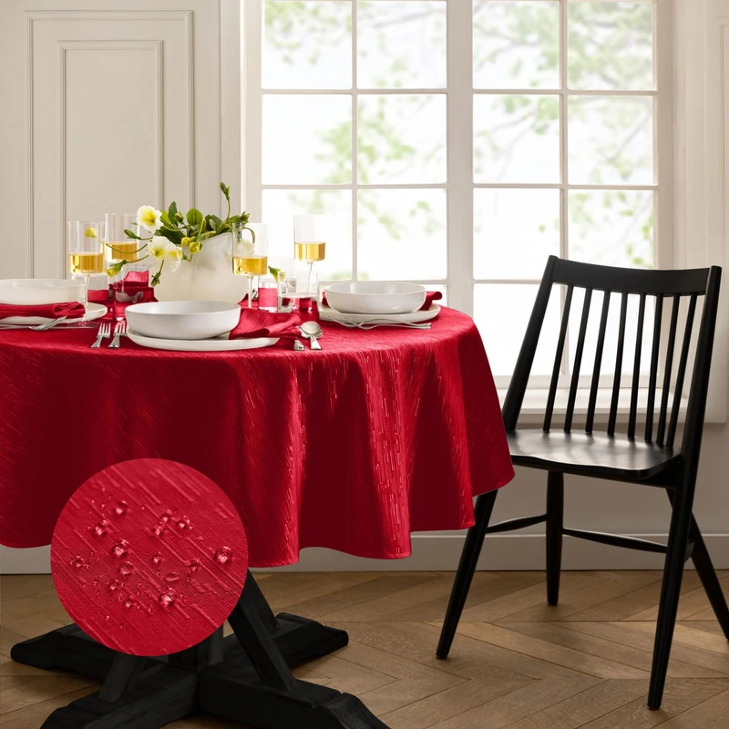 Elrene Home Fashions Continental Solid Texture Water and Stain Resistant Slub-Weave Textured Tablecloth, 90" Round, Red
