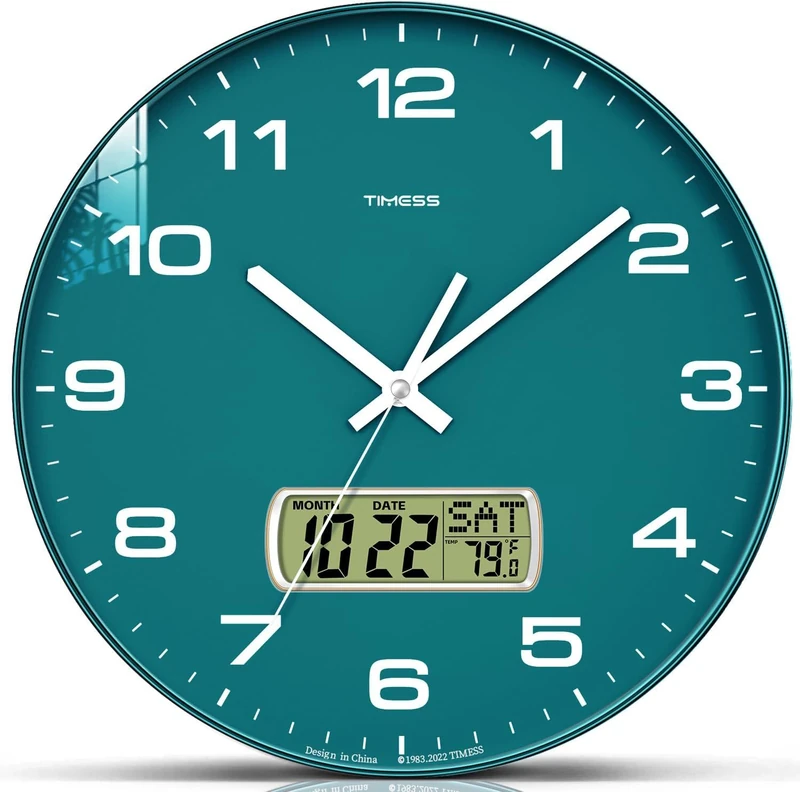 TIMESS Wall Clock, 13" Dial Non-Ticking Silent Battery Operated Analog with LCD Display for Perpetual Calendar and F° Temperature, Ideal Modern Home, Office Decor (Green)