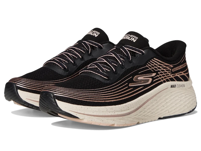 Skechers Women's Max Cushioning Elite 2.0 Kaplan Sneaker, Black Textile/Rose Gold Trim, 3.5 UK