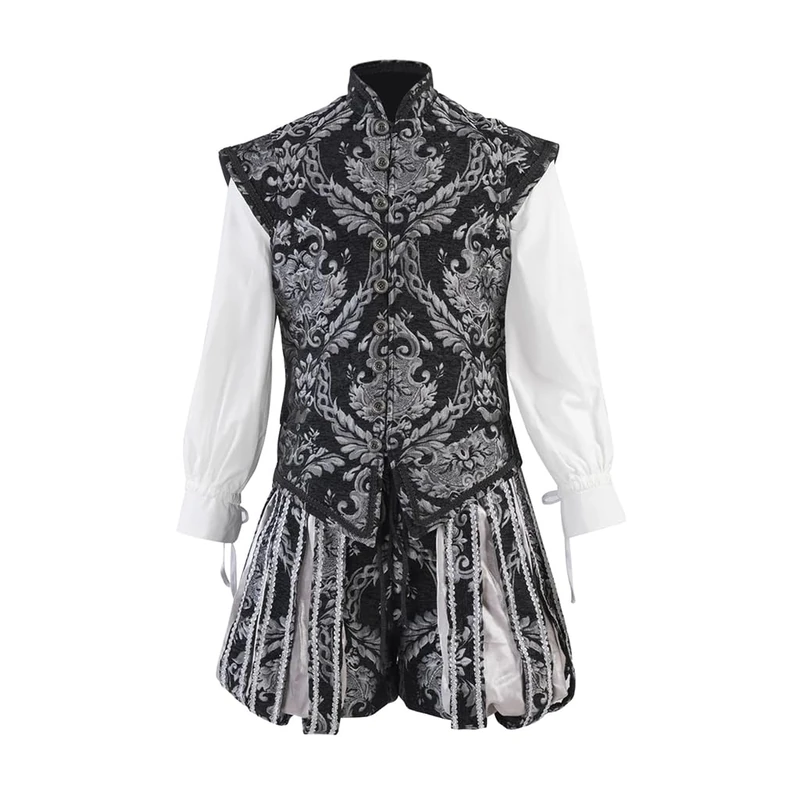 Willyacos Renaissance Tudor Costume - Men's Elizabethan Era Prince Tudor King Doublet & Vest with Pumpkin Pants (Black Silver, S)