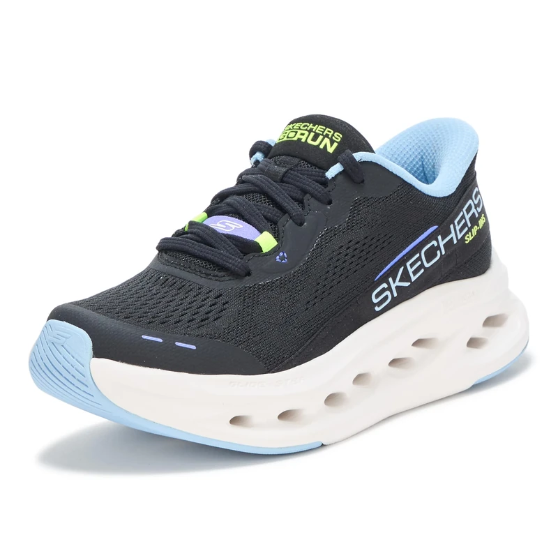 Skechers Women's Max Cushioning Glide-Step Caledonia Slip-On Sneakers, Black Textile/Blue Trim, 8 UK