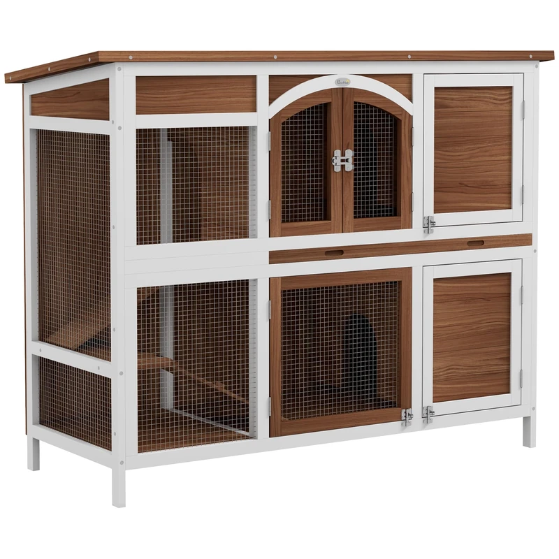 PawHut 2-Tier Wooden Rabbit Hutch with Ramp and Roof - Brown