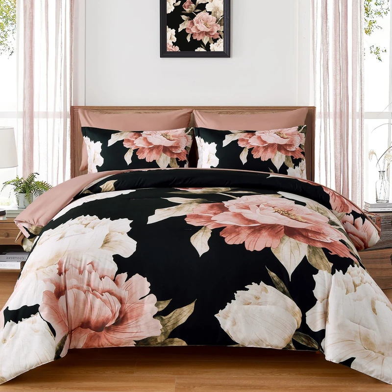 Dobuyly Black Queen Comforter Set 7 Piece Bed in a Bag, Pink Floral Printed on Black Comforter Set with Sheets, Soft Microfiber Botanical Flower Bedding Set for All Season