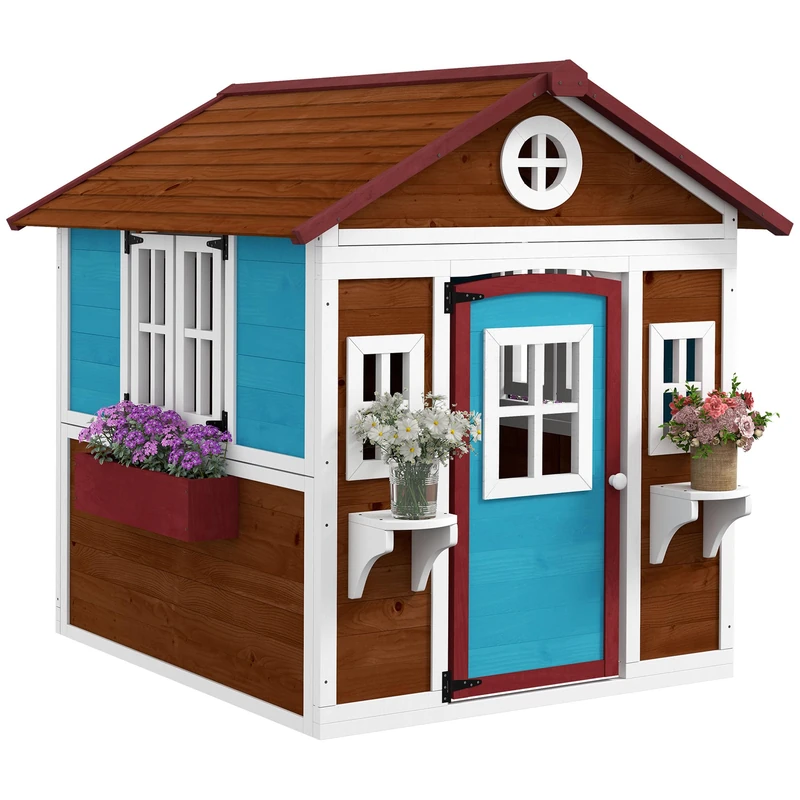 Outsunny Wooden Playhouse for Kids Outdoor Wendy House with Doors, Windows, Plant Pots, Boxes, for 3-8 Years - Dark Brown