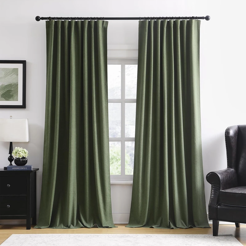 RAIN CITY Extra Wide Linen Blackout Curtains & Drapes with Hooks 70 in Width for 60&72 Inch Window 2 Panels,Back Tab Pleated Curtains for Track System Sliding Glass Door 70x108,Loden Olive Green