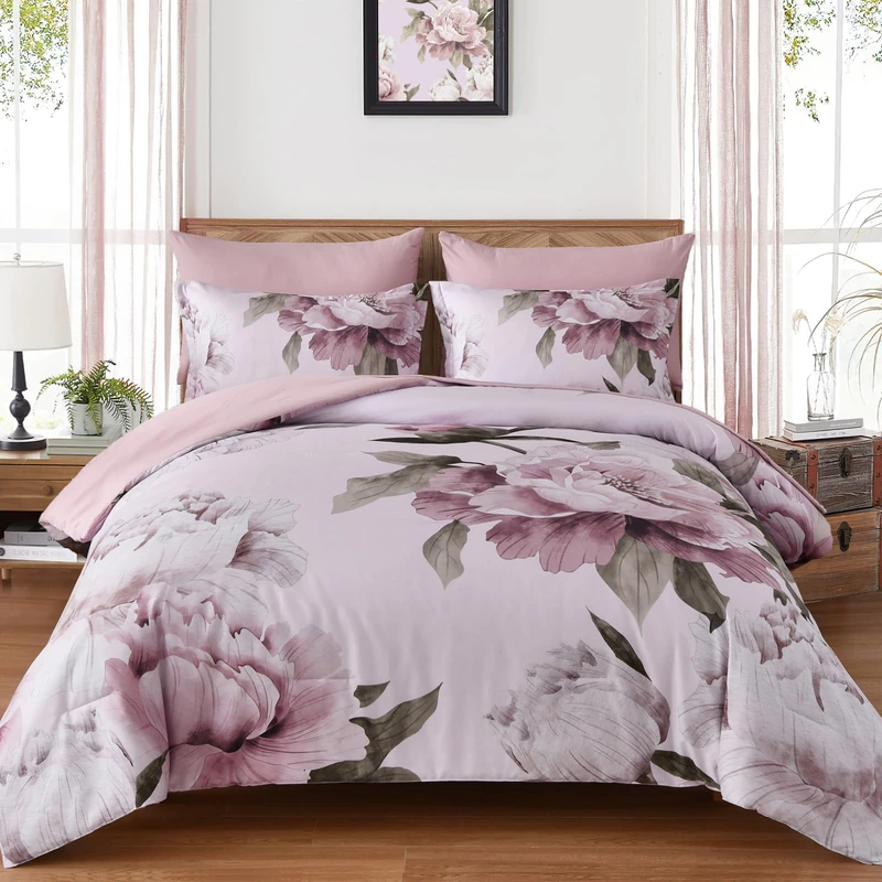 Dobuyly Pink King Size Comforter Set 7 Piece Bed in a Bag, Blush Floral Printed on Light Pink Comforter Set with Sheets, Soft Microfiber Botanical Flower Bedding Set for All Season