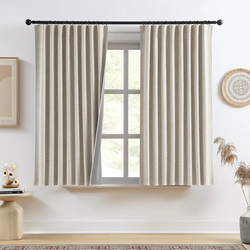 RAIN CITY Beige Blackout Curtains, 2 Panels, 50x63, Farmhouse Style, Room Darkening, Linen Burlap Textured, Back Tab Rod Pocket