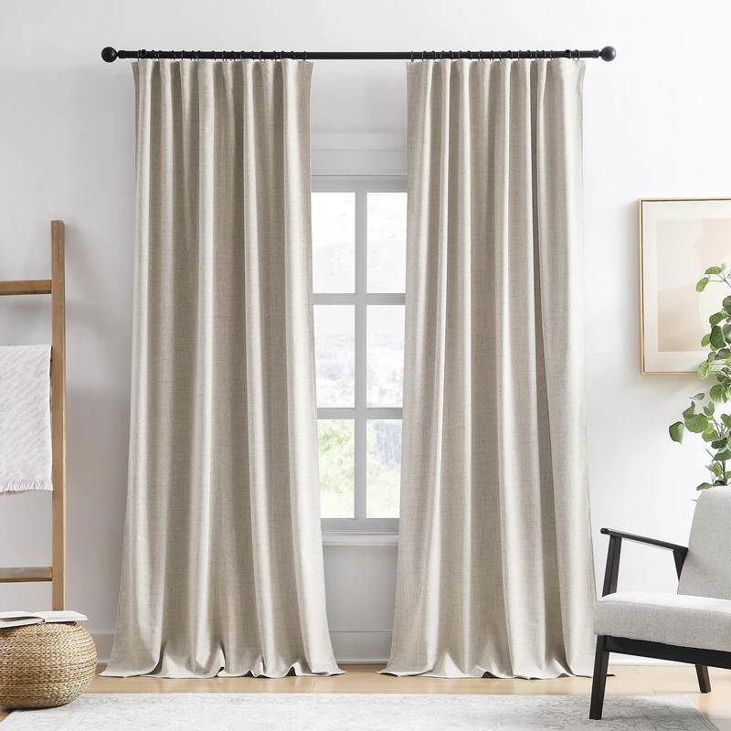 Extra Wide Curtains 96 Inch Long 2 Panels,Floor to Ceiling Boho Noise Reduction Window Burlap Track System Curtain Panels for Country Villa Back Tab Pleat Tape with Hooks,Linen Beige 70x96