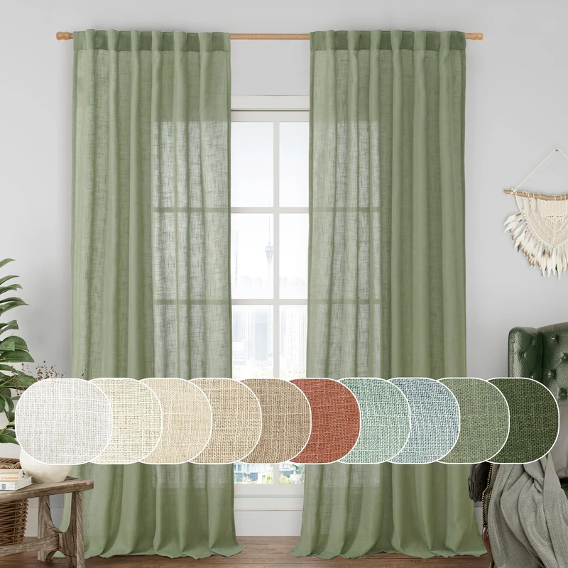 LAMIT Sheer Linen Curtains for Living Room, Back Tab and Rod Pocket Sage Green Curtains Light Filtering Country Rustic Neutral Drapes for Bedroom/Farmhouse, 2 Panels, 52 x 102 Inch