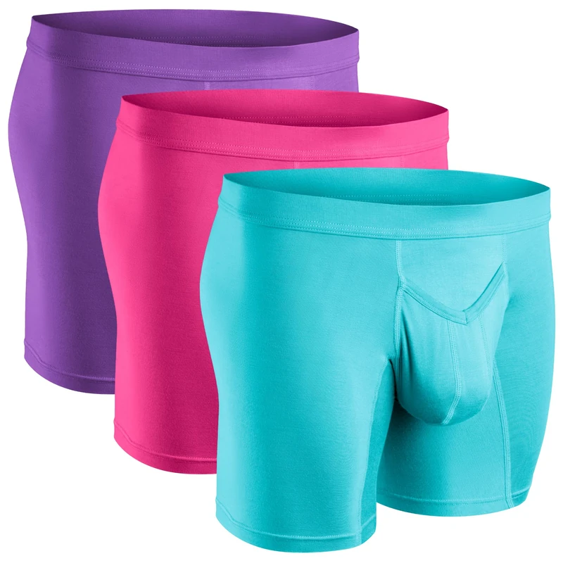 Real Men Bulge Enhancing Underwear - Modal Boxer Briefs with ABCD Pouch, B Pouch V Fly - 3 Pk, 7 Inch Purple Pink Turquoise, S