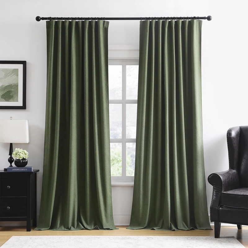 102 Inch Long Linen Blended Blackout Curtains 2 Panels, Back Tab Pleated Look Drapes for Track System with Hooks, Noise Reducing Country Blackout Winodw Curtains 50x102-Loden/Olive Green