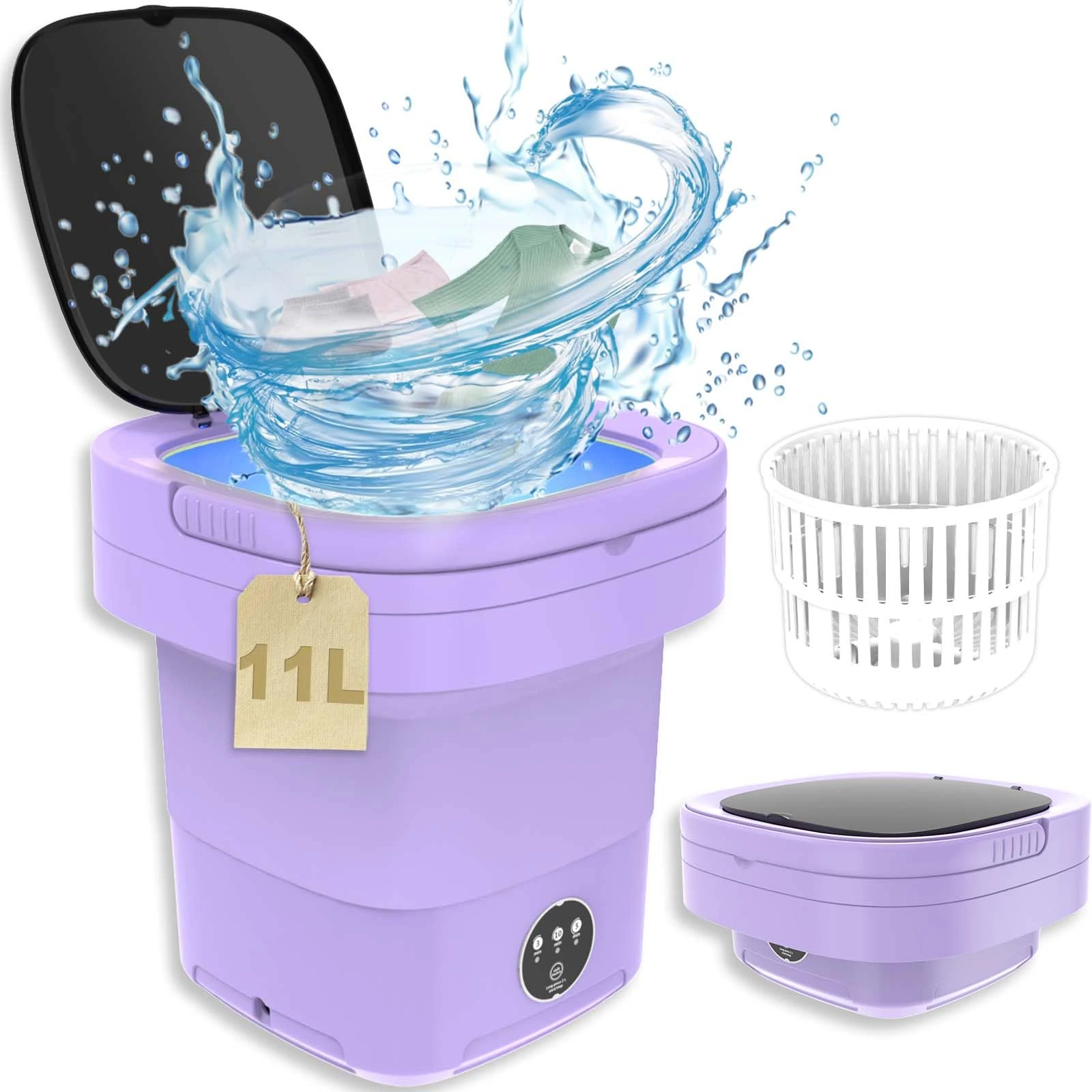 Portable Washing Machine, 11L Upgraded Mini Foldable Washer with Drain Basket washer, 2 in 1 Intelligent Laundry Machine for Baby Clothes, Underwear, Apartment, Camping, RV, Gift, Travel, Purple