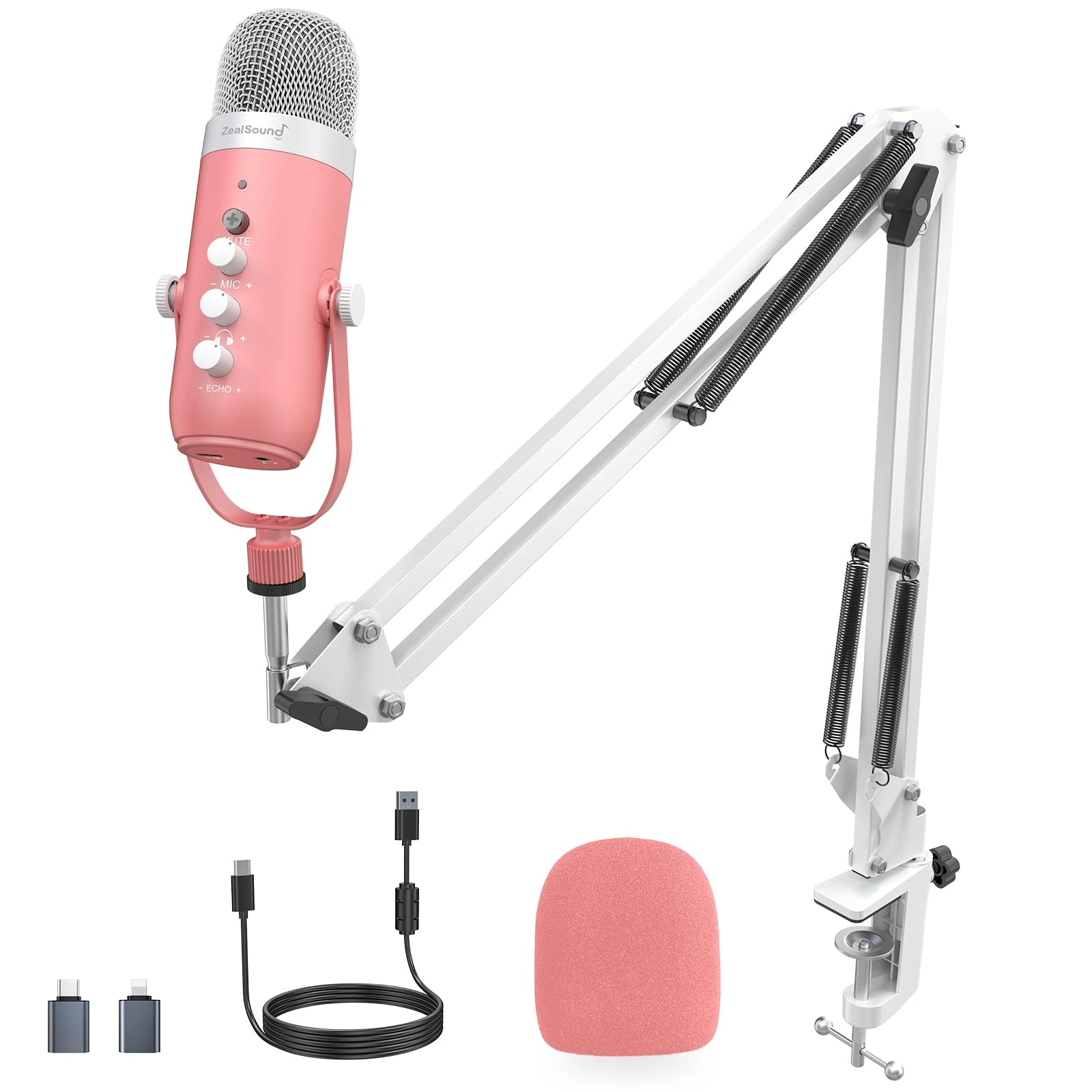 zealsound USB Microphone Kit, k66 Pink Podcast mic for iPhone, PC, PS4/5, with Noise Cancelling, Mute, White Boom Arm, for Gaming, Recording, Voice Over,Zoom, Discord, YouTuber on Mac, Windows, K66S
