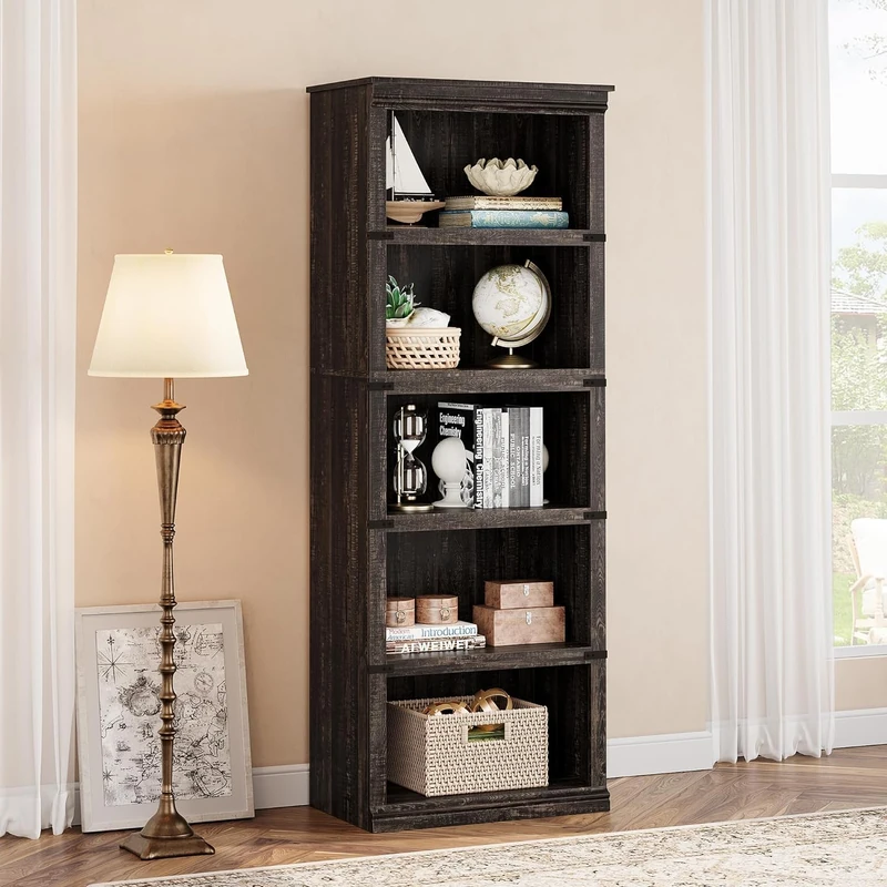 LUNSY 5 Tier Bookcase - 172 cm Bookshelves with Storage, Tall Bookcase Wooden Open Display Bookcase Slim Bookcase for Bedroom, Living Room, Office
