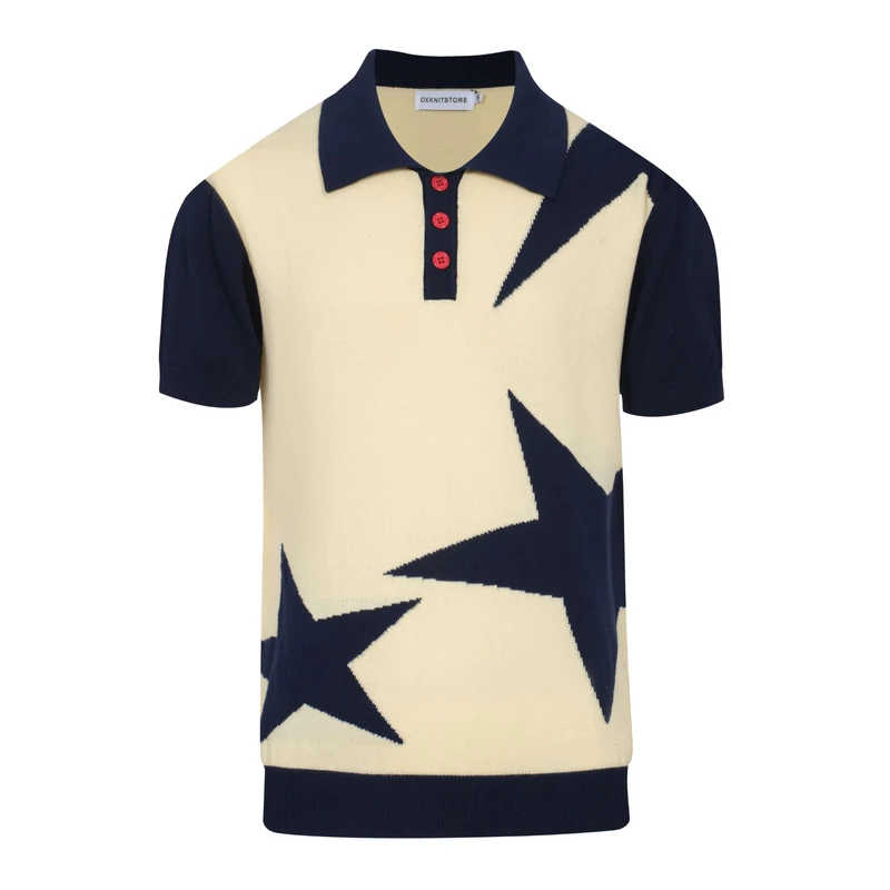 OXKNIT Men's Casual 1960s Mod Style Knit Retro Polo Shirts, Short-Sleeve, Soft, Comfortable, Available in Big Tall, Off White-Dark Blue, XL