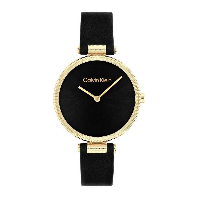 Calvin Klein Two Hand Quartz Movement Watch for Women Gleam Collection with Black Leather Strap - 25100017