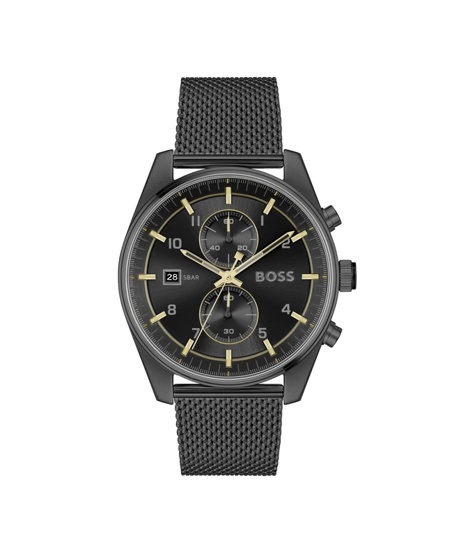 BOSS Chronograph Quartz Watch for Men SKYTRAVELLER Collection with Black Stainless Steel Mesh Bracelet - 1514150