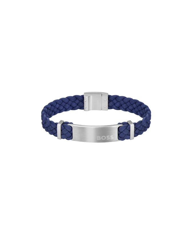 BOSS Jewelry Men's DYLAN Collection Bracelet with Blue Braided Suede Leather and Details in Stainless Steel - 1580609S