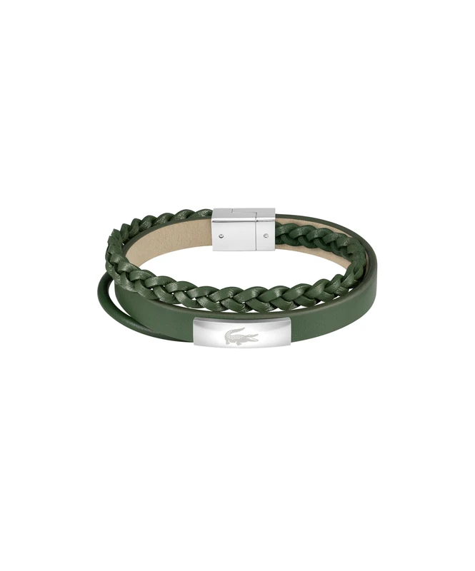 Lacoste Men's FUSION Collection Bracelet with Green Leather and Stainless Steel with an Engraved Plaque - 2040319