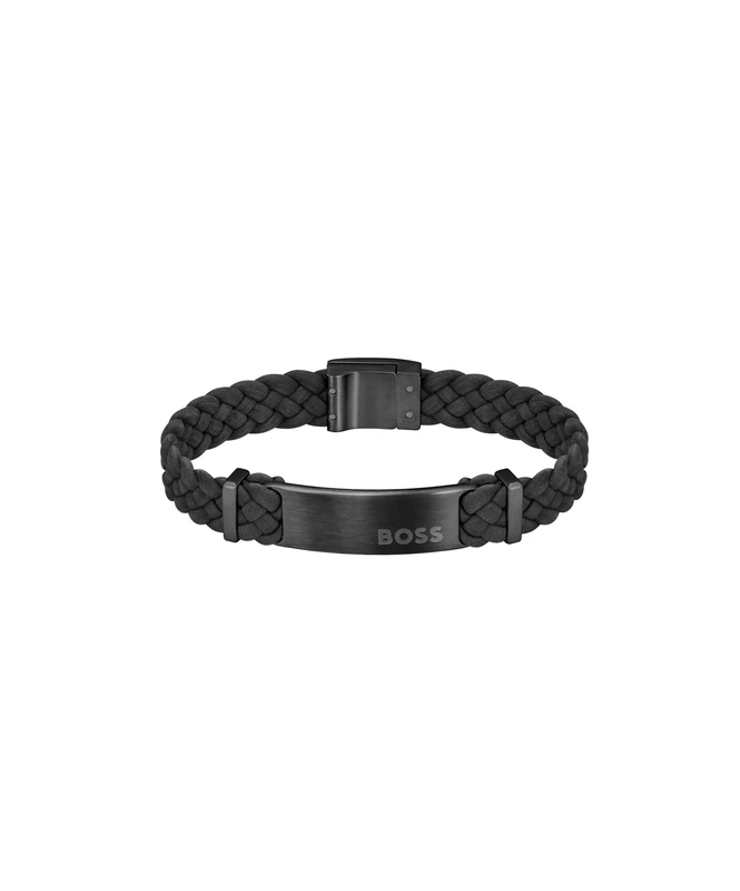 BOSS Jewelry Men's DYLAN Collection Bracelet with Black Braided Suede Leather and Details in Black Stainless Steel - 1580608M