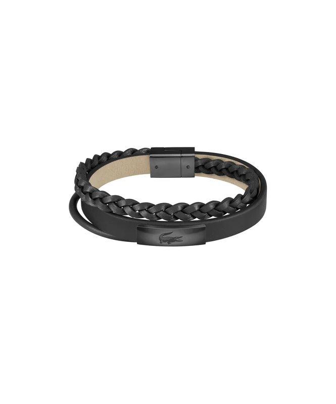 Lacoste Men's FUSION Collection Bracelet with Black Leather and Black Stainless Steel with an Engraved Plaque - 2040318